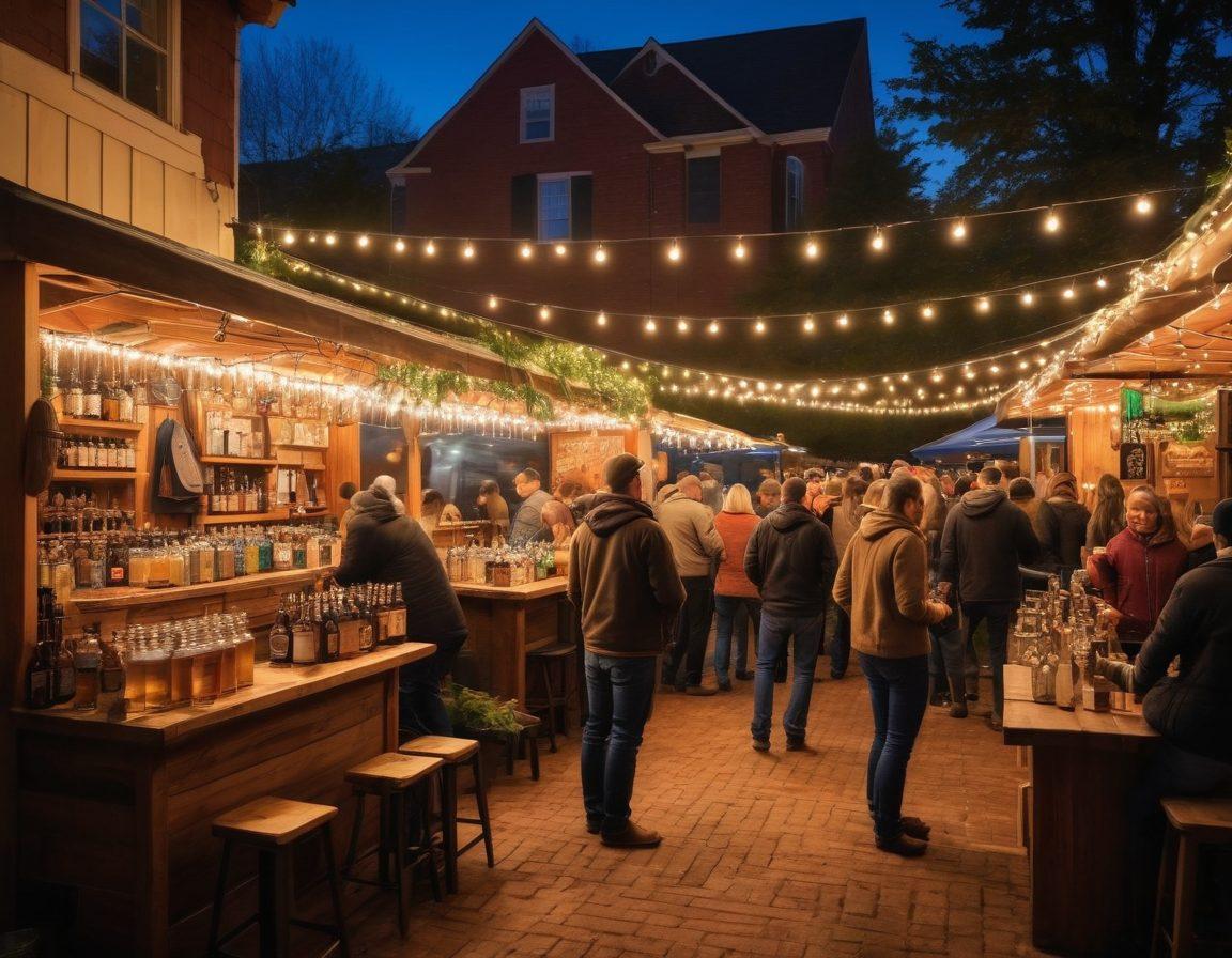 A cozy home brewing setup showcasing Todd crafting beer with various brewing equipment, surrounded by bottles labeled with unique artisan labels, hints of hops and malt scattered around. In the background, a festive atmosphere with people enjoying beer at a vibrant outdoor festival complete with string lights, food stalls, and excited crowds. The colors should be warm and inviting, evoking a sense of community and passion for craft beer. super-realistic. vibrant colors. warm tones.