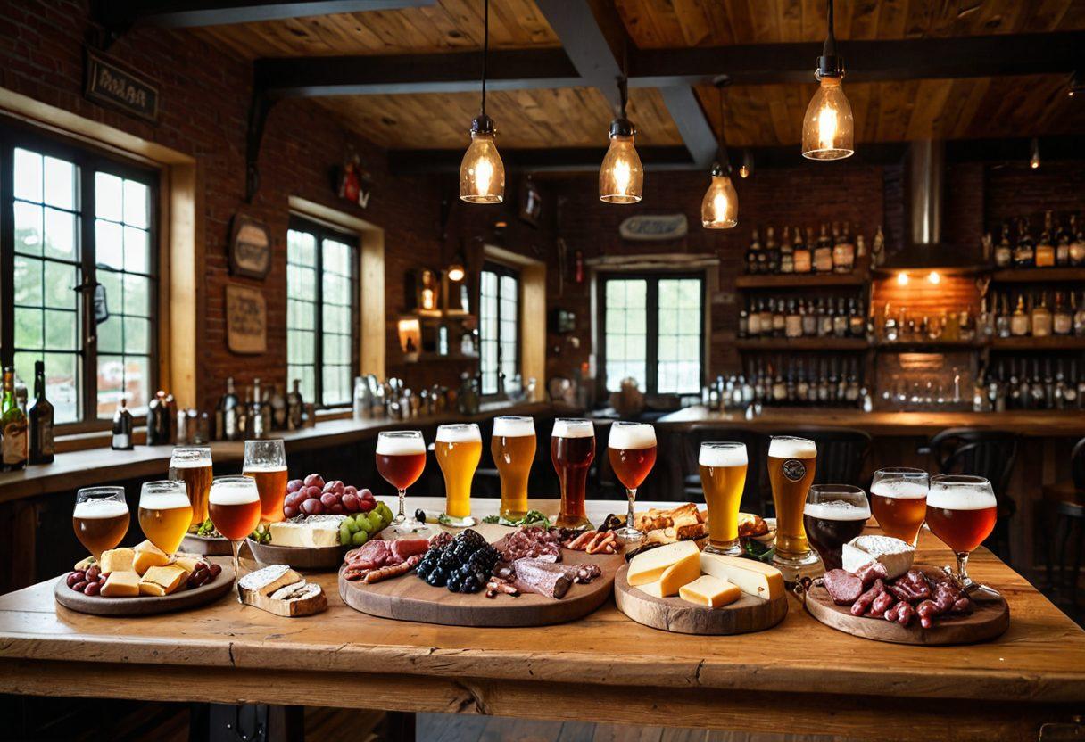 A vibrant scene featuring a rustic wooden table adorned with various types of beer glasses filled with ales and lagers, each paired with complementary gourmet food items. Include a knowledgeable beer expert enthusiastically sharing pairing tips, with a backdrop of an inviting brewery setting. The atmosphere should exude warmth and camaraderie, enticing viewers to explore the world of beer and food pairings. super-realistic. vibrant colors. cozy brewery setting.